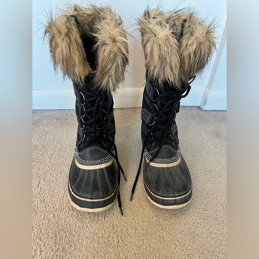 Sorel Black Suede Joan of Arc Waterproof Faux Fur Winter Boots Size 10